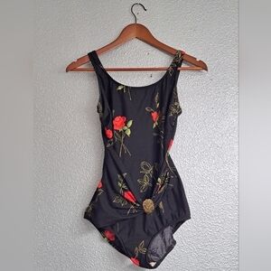 Roxanne Black One Piece Swim Suit With Red Roses    Size  12(34D)